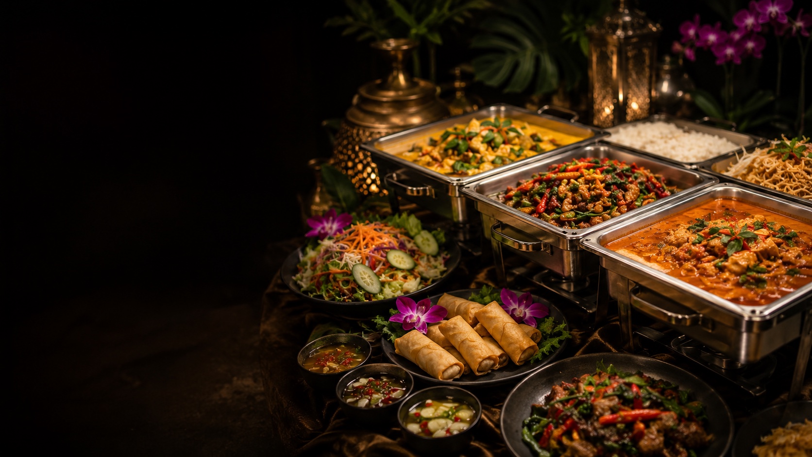 A premium Thai catering buffet with curries, noodles, salads and appetizers