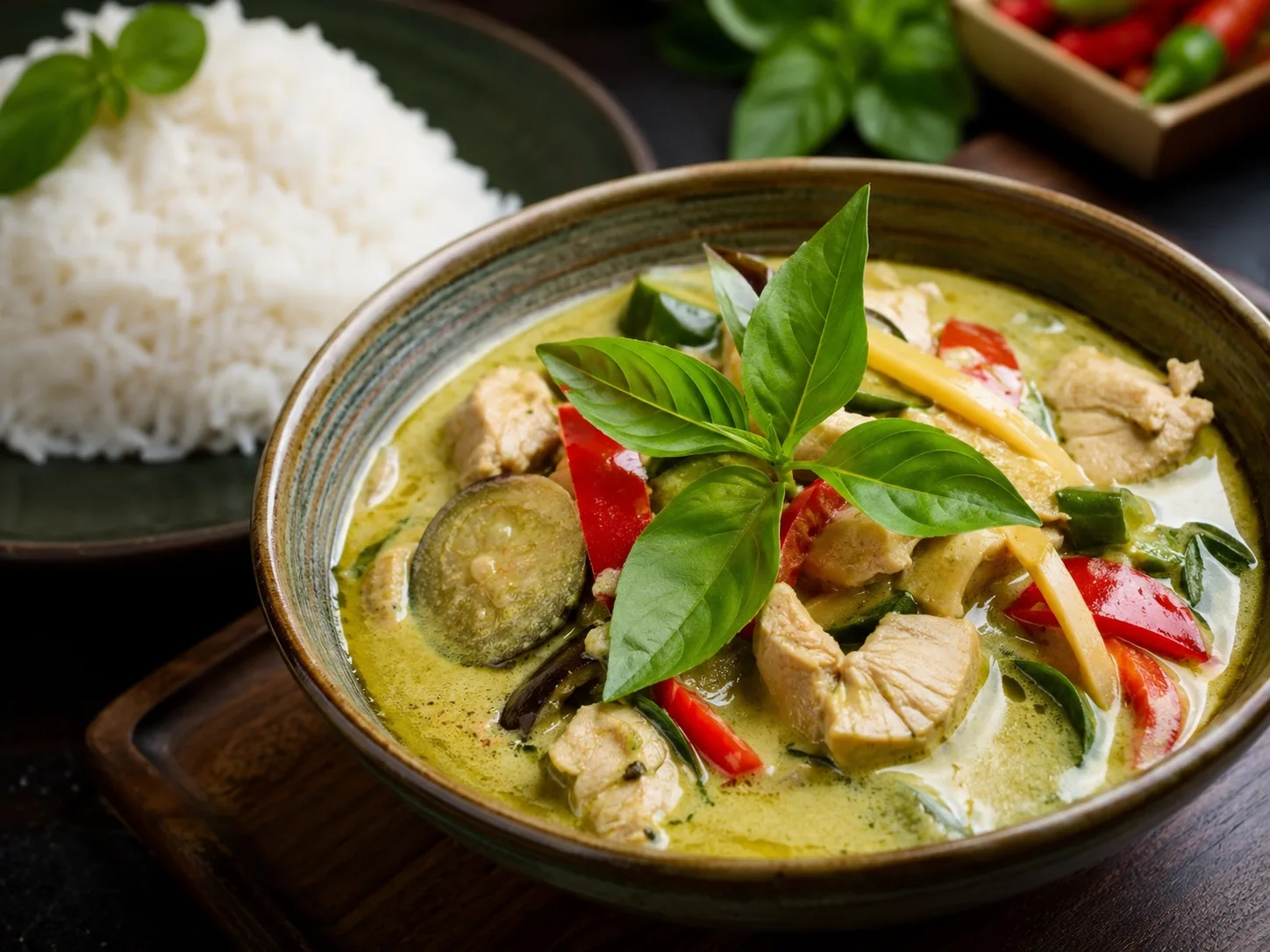 Thai green curry with chicken, eggplant, peppers and basil