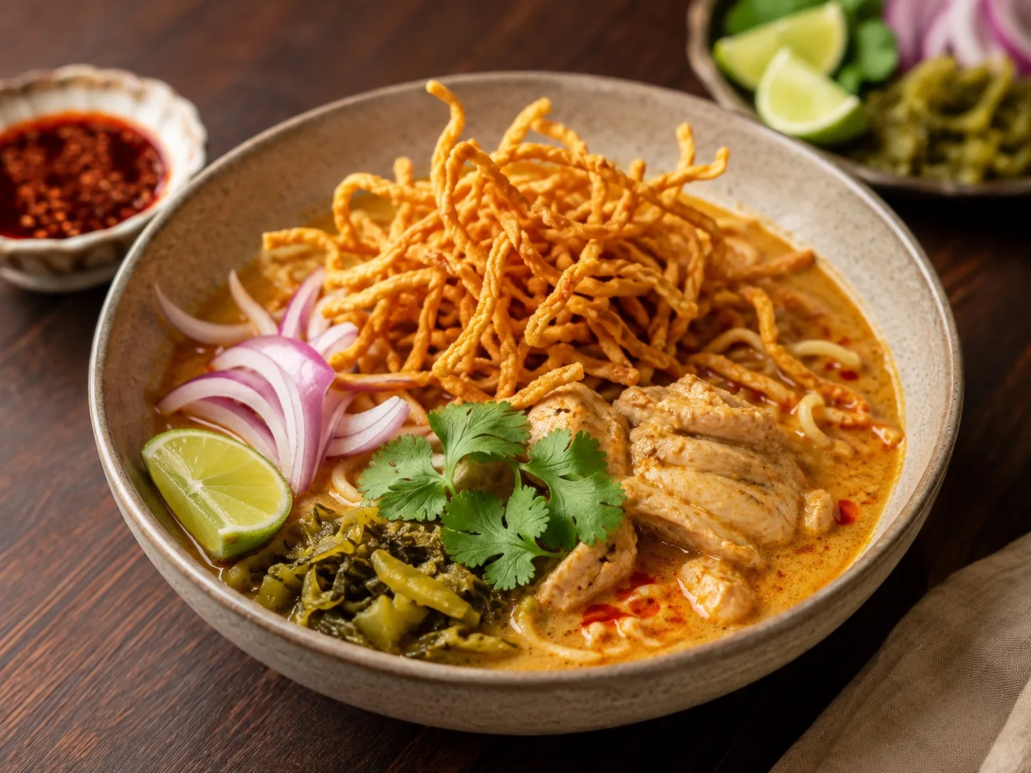 Khao Soi coconut curry noodle soup with chicken and crisp noodles