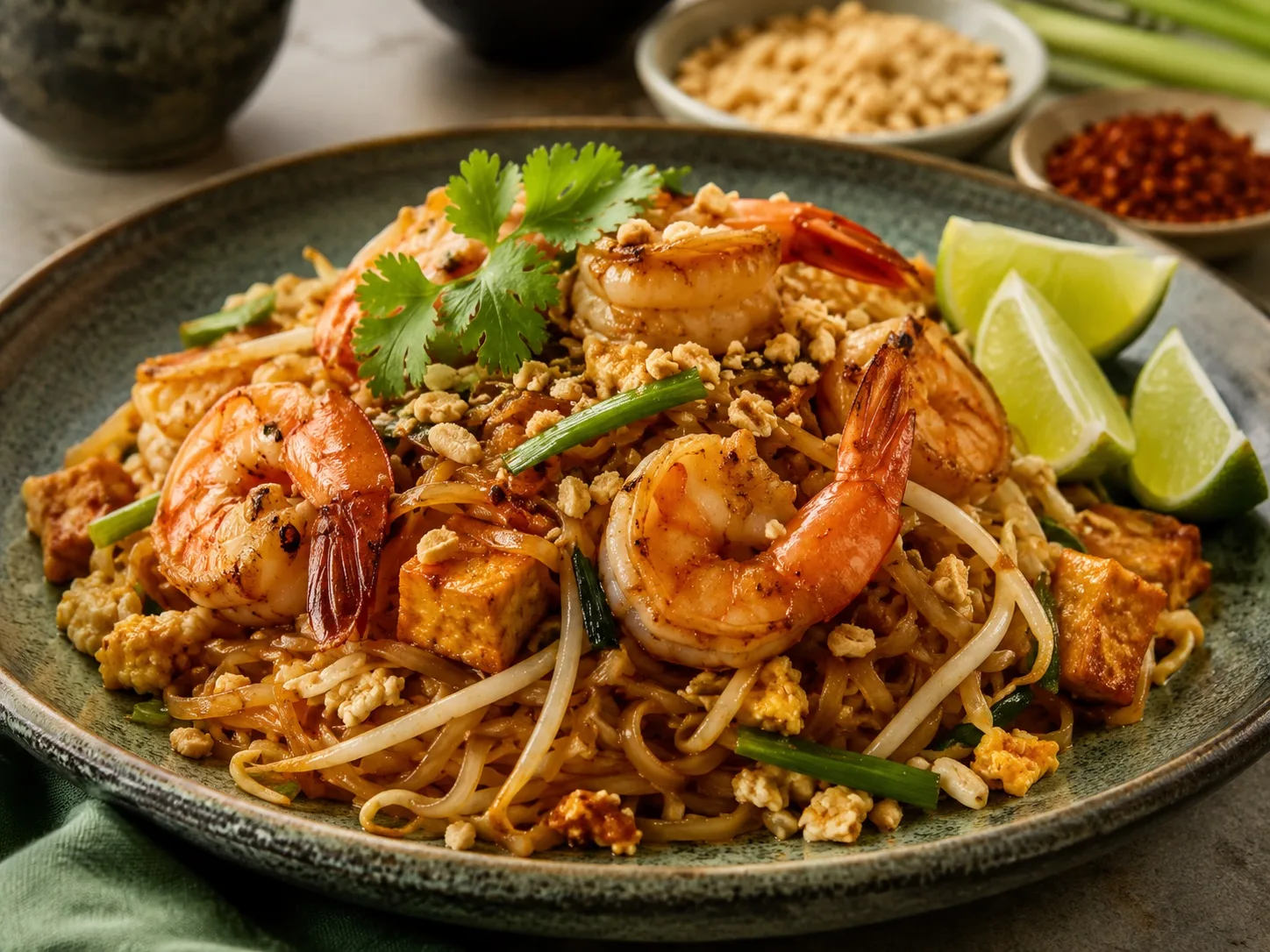 Shrimp Pad Thai with lime, bean sprouts and crushed peanuts at Lamoon Thai