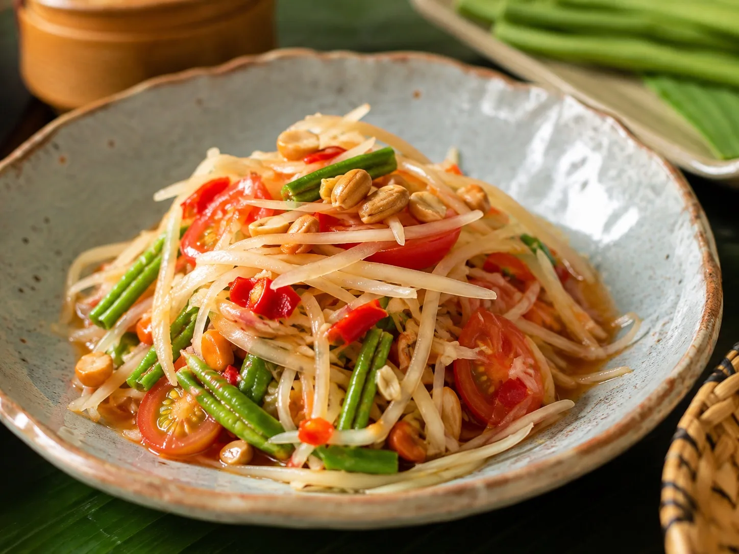 Thai green papaya salad with tomato, green beans, peanuts and chile