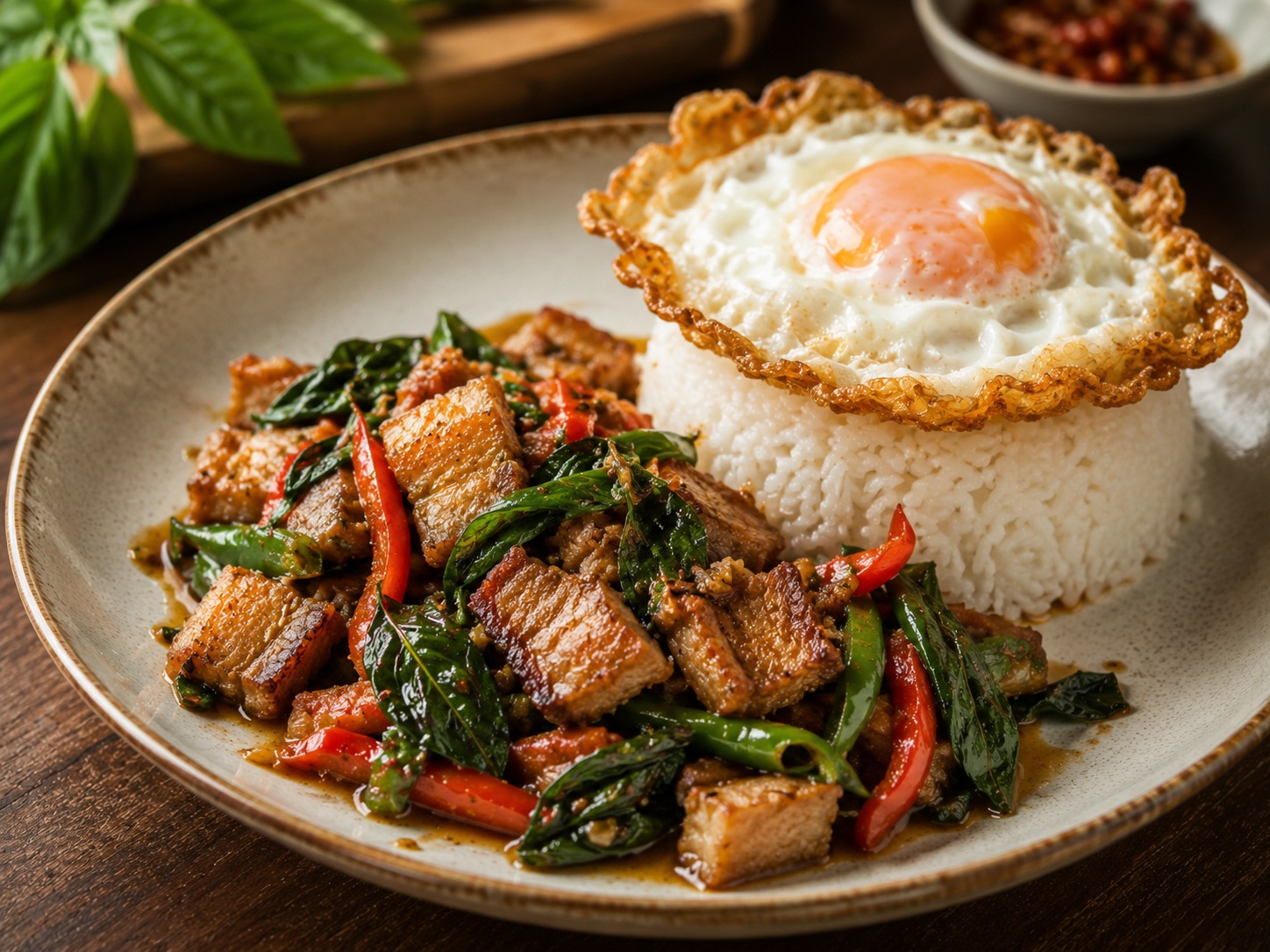 Thai basil crispy pork with jasmine rice and fried egg