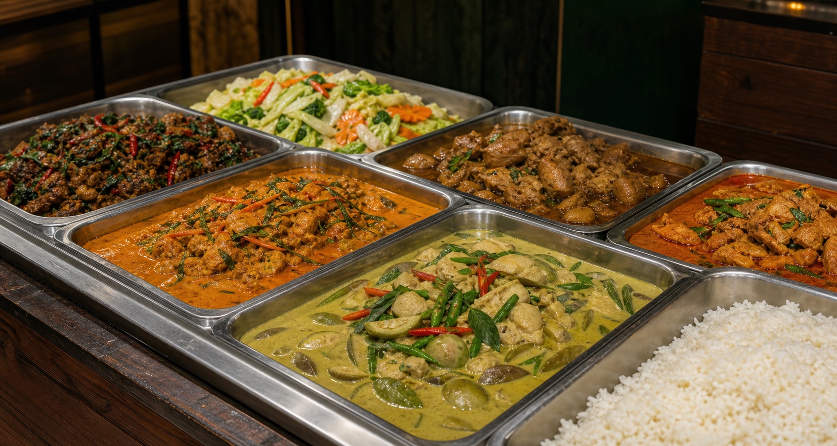 Traditional Thai Khao Gang counter with curries, stir-fries and jasmine rice