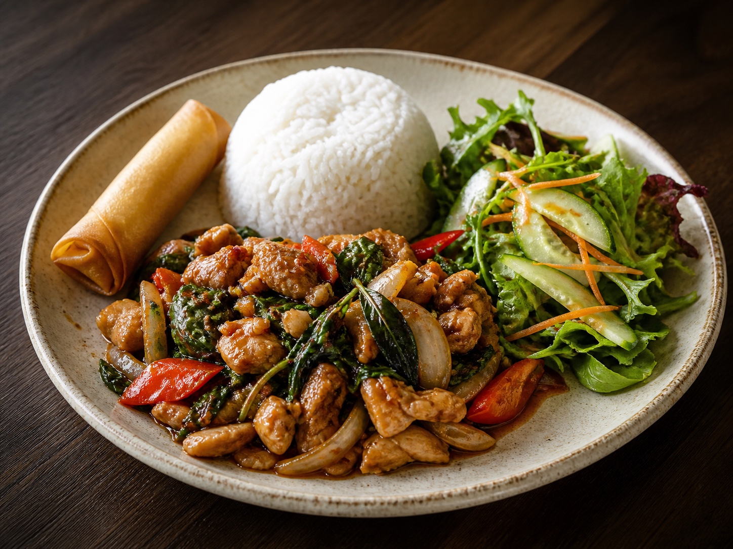 Thai lunch special with basil chicken, jasmine rice, a vegetable spring roll and side salad